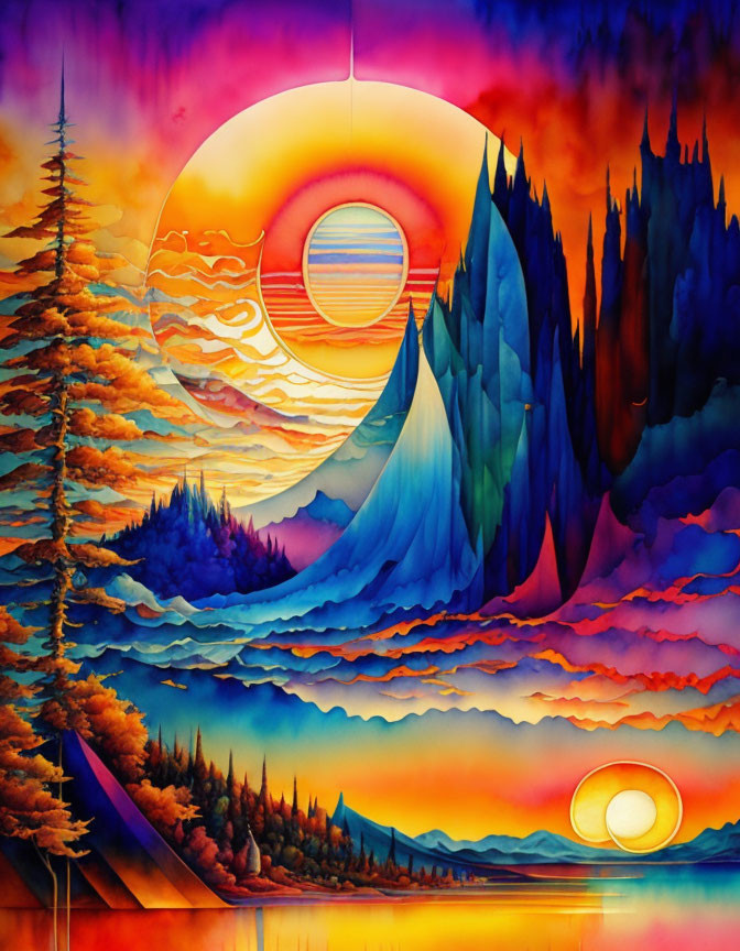 Fantastical landscape painting with large sun, mountains, trees, and water