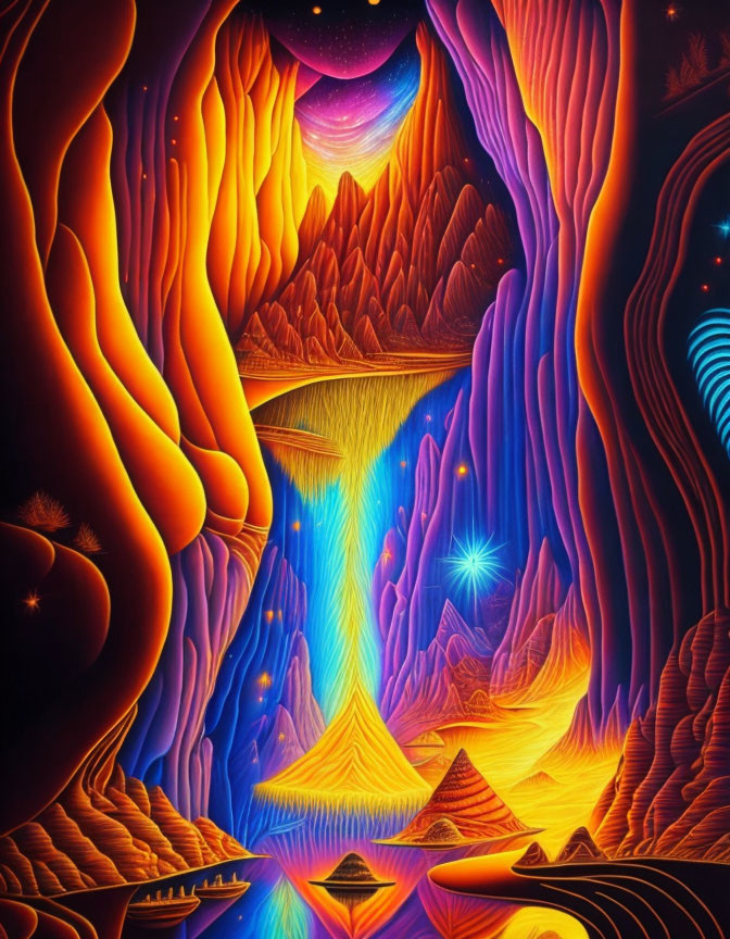 Colorful Psychedelic Artwork: Cosmic Landscape with Mountains, River of Light, Pyramids,