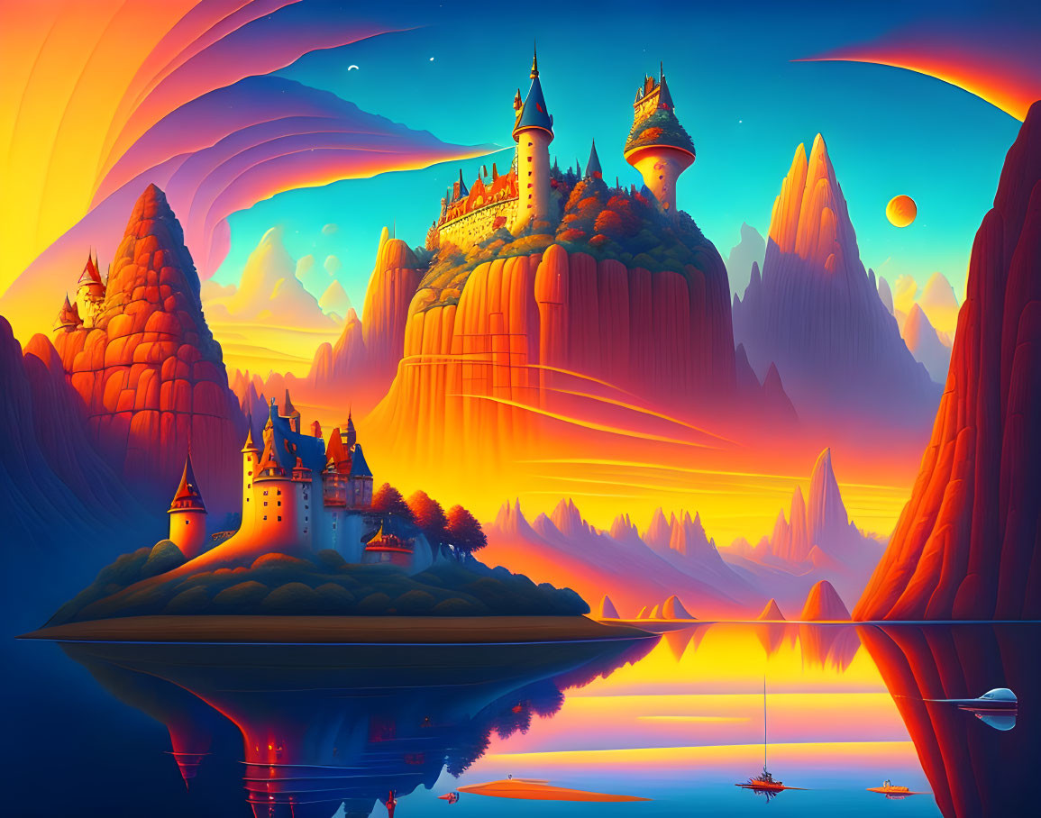 Fantasy landscape with castle, mountains, and sunset sky by serene lake