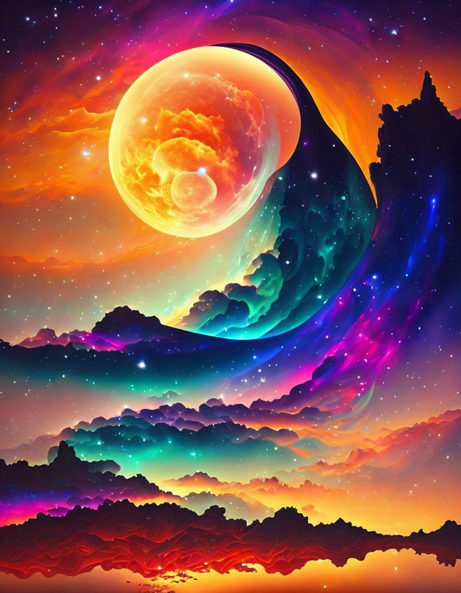 Vivid surreal artwork: large moon over neon landscape