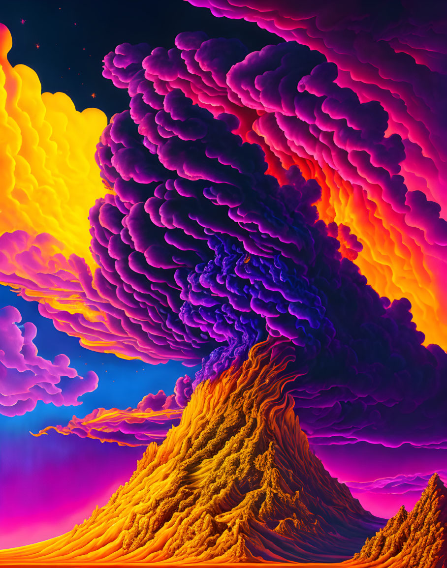 Colorful digital artwork: Volcanic eruption with stylized ash plume on starry background