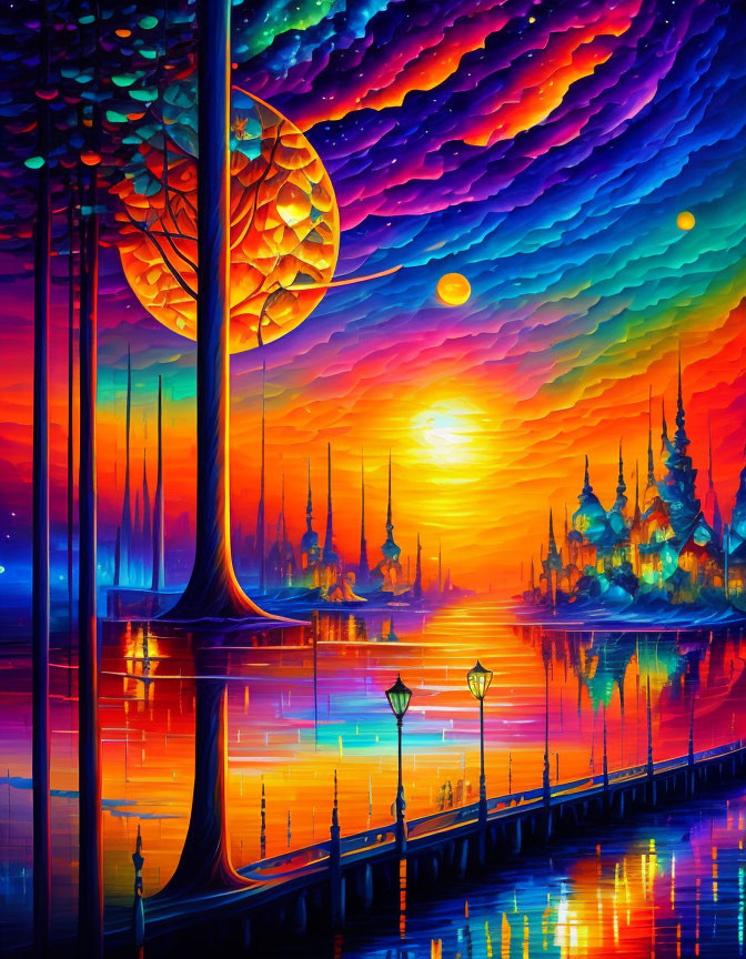 Colorful Artwork: Futuristic Cityscape Sunset Reflections