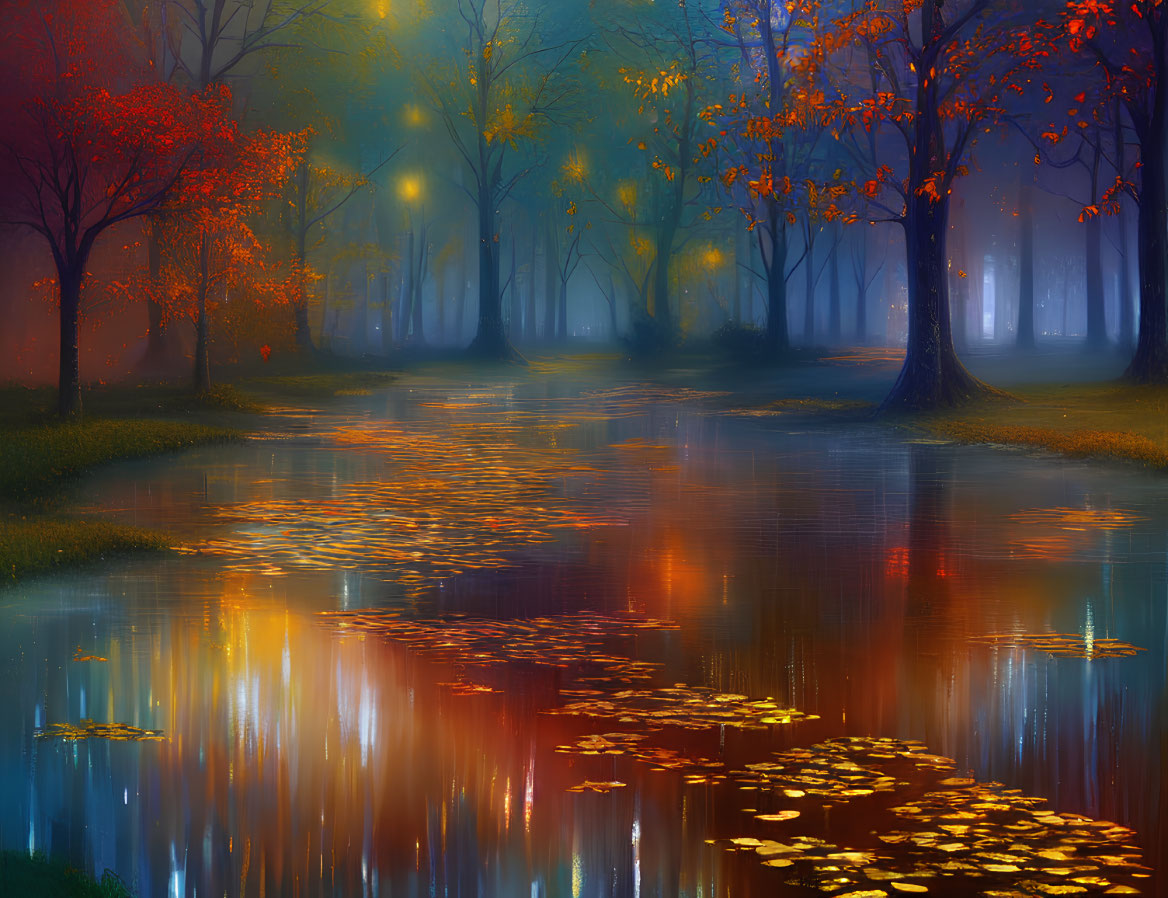 Vibrant autumn trees reflecting in foggy illuminated water