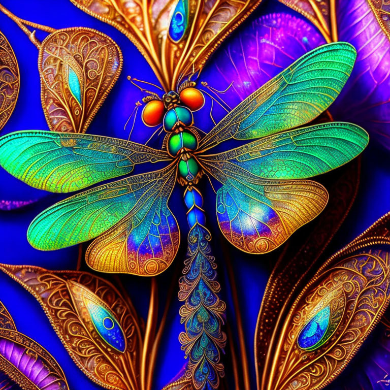 Colorful dragonfly art with intricate wings on blue background