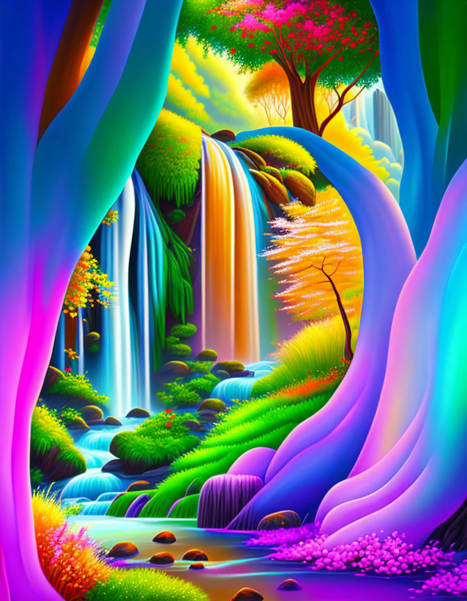 Colorful Fantasy Landscape with Trees, Waterfall, River, and Magical Sky