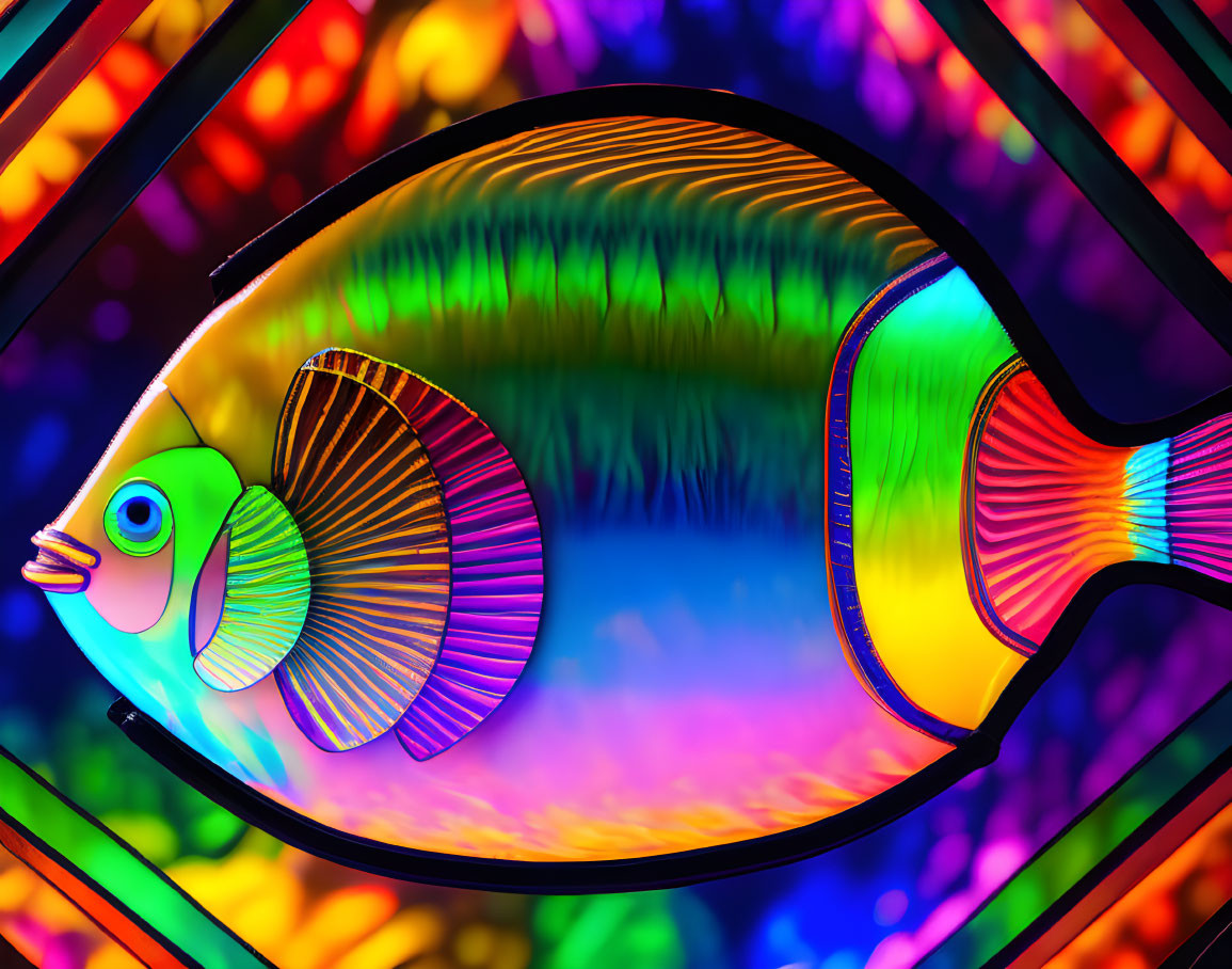 Colorful Tropical Fish Digital Illustration on Rainbow Background