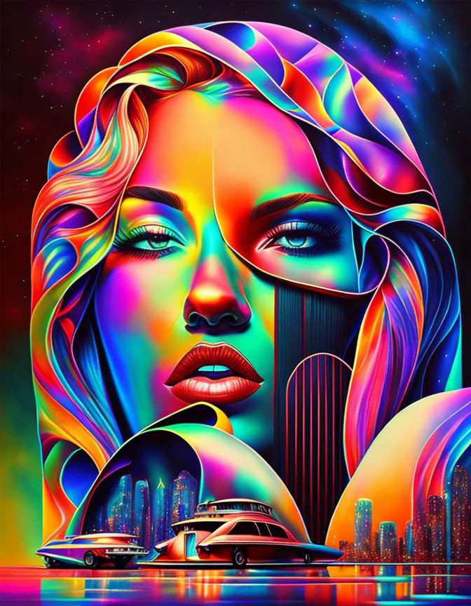 Colorful Psychedelic Art: Woman's Face with Cityscape Elements