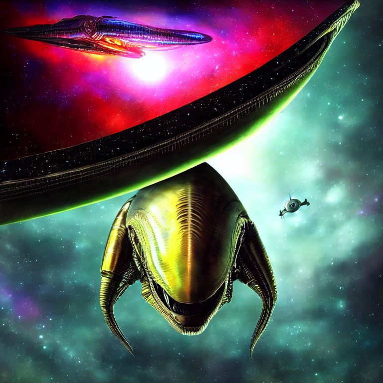 Golden alien creature faces astronaut with massive spaceship in vibrant cosmos.