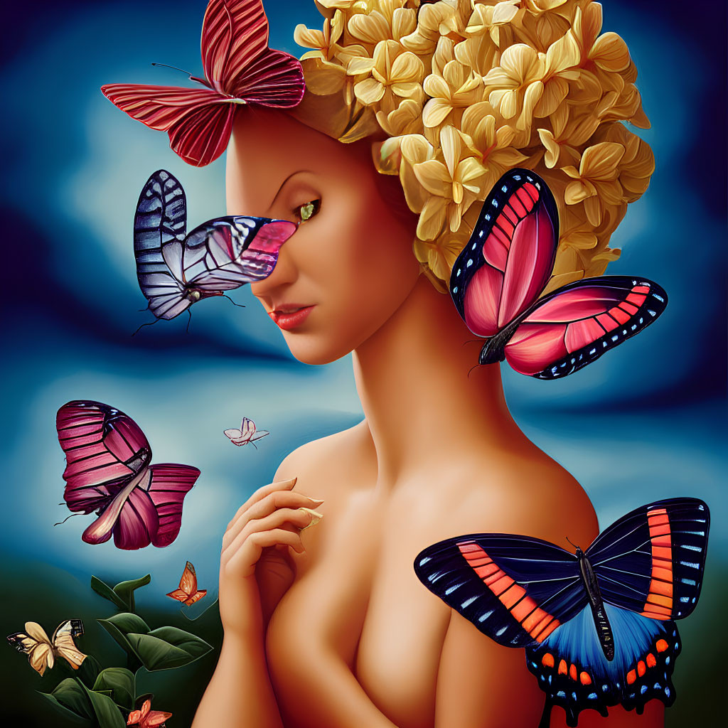 Woman with Butterfly Wings Hair Surrounded by Colorful Butterflies on Blue Background