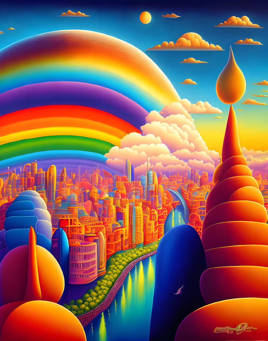 Colorful surreal cityscape with river, whimsical architecture, rainbow, and sunset-lit clouds