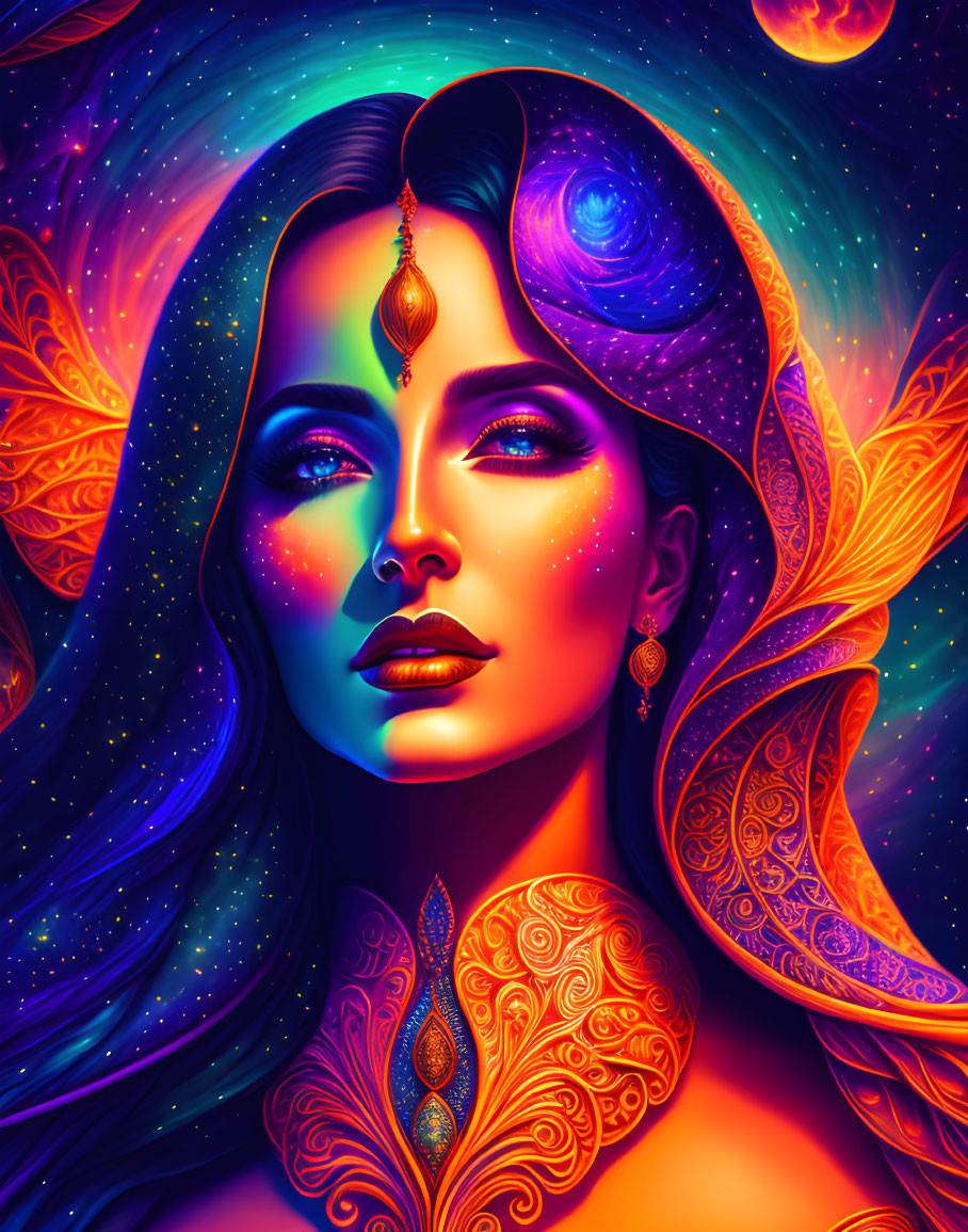 Colorful cosmic-themed portrait of a woman with celestial elements