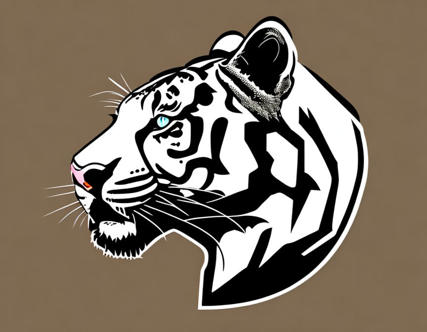 White Tiger Profile Illustration with Bold Black Stripes on Brown Background