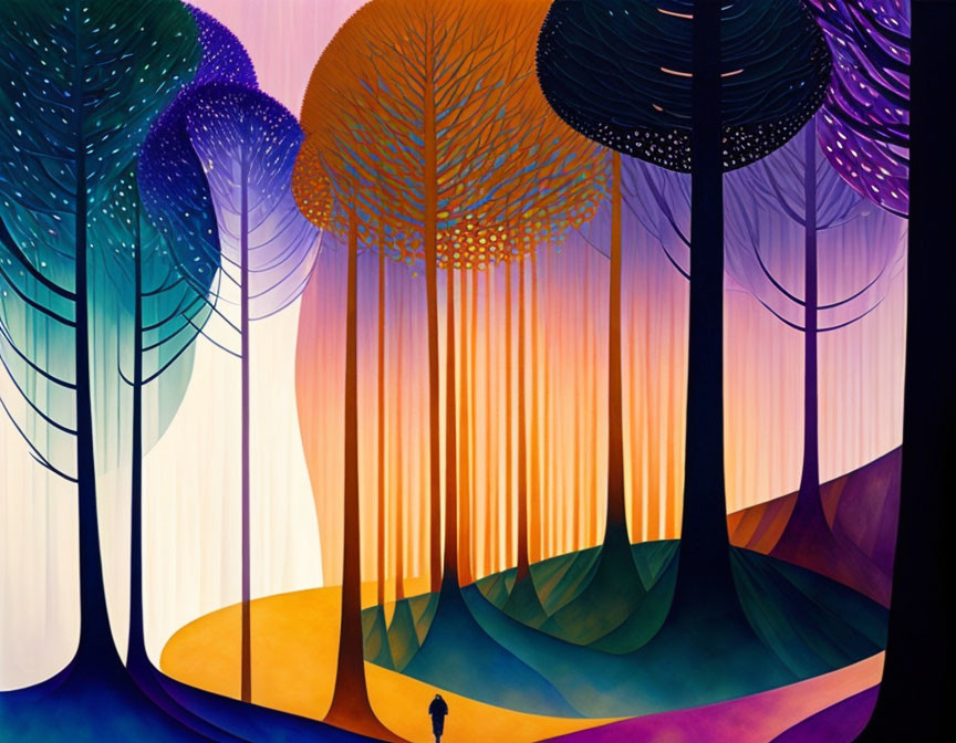 Solitary Figure in Vibrant Stylized Forest with Colorful Trees