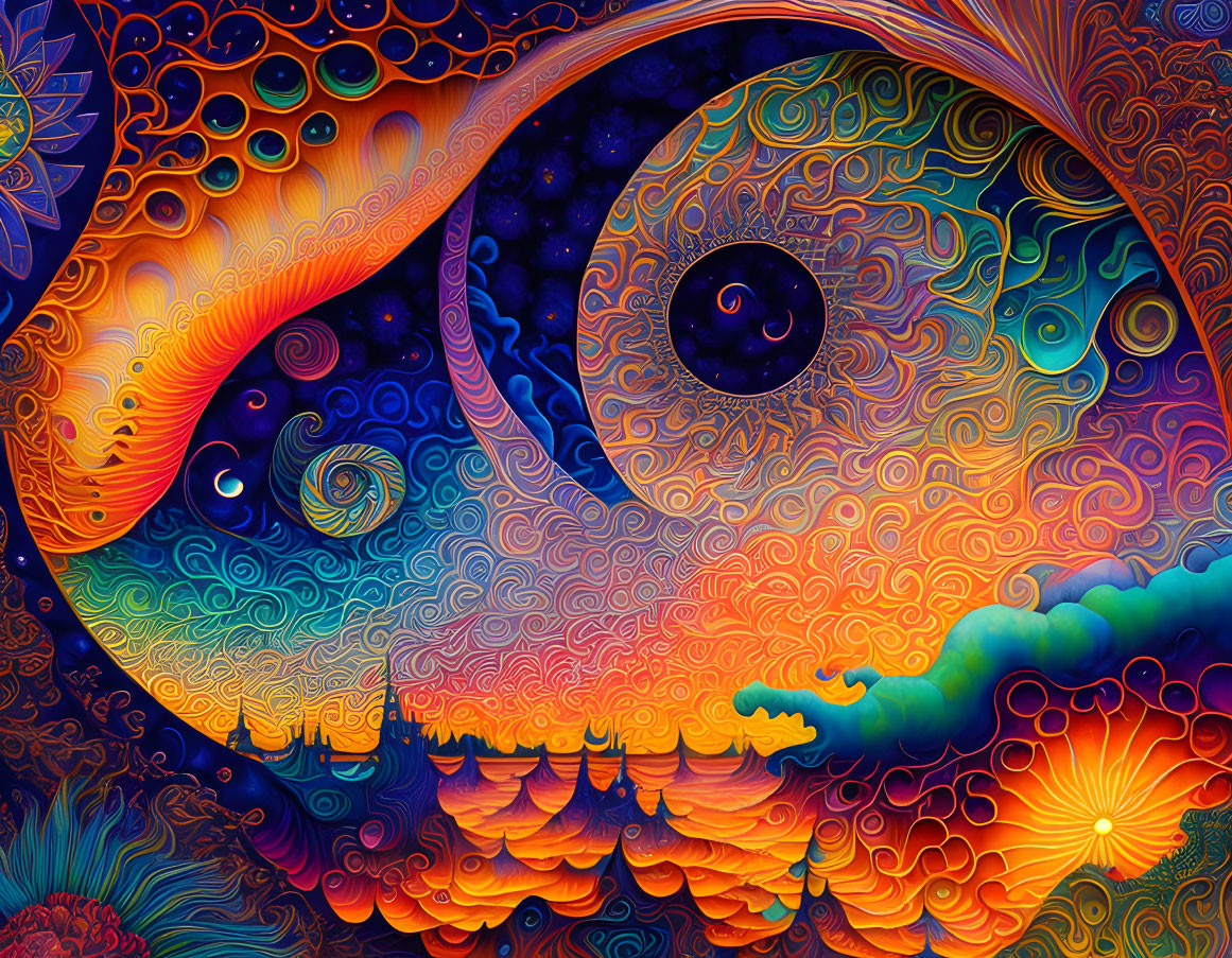 Colorful Psychedelic Artwork with Swirling Patterns and Eye Motif