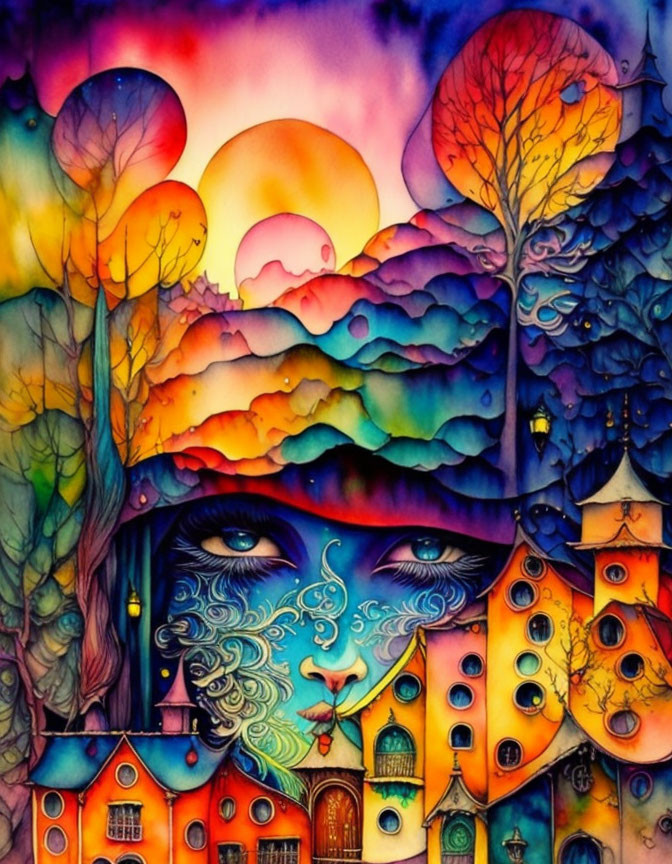 Colorful Fusion of Female Face with Nature and Architecture at Sunset