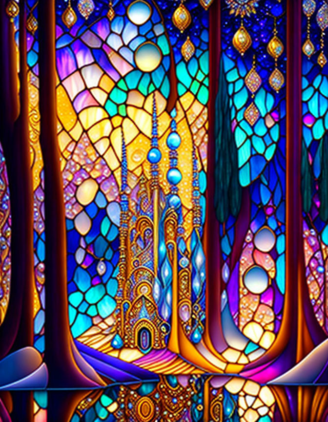 Vibrant fantasy landscape with castle in stained glass style