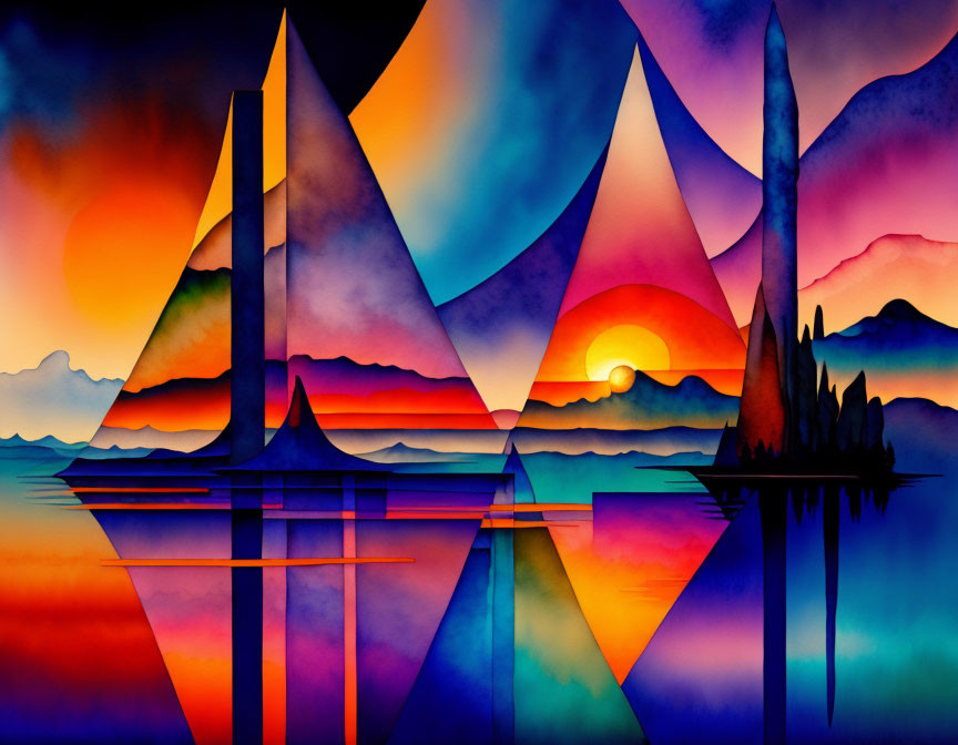 Colorful Abstract Landscape with Geometric Mountains, Bridge, Trees, and Setting Sun.