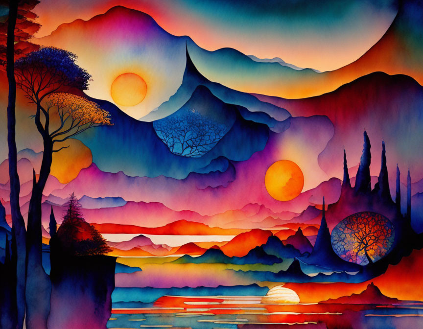 Colorful Watercolor Landscape with Layered Mountains and Multiple Suns