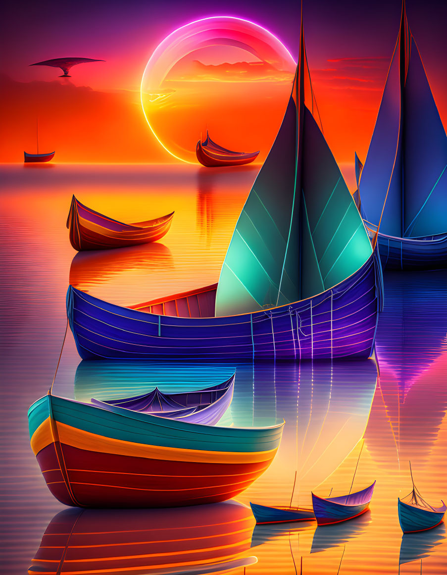 Vivid sunset scene with colorful boats on calm water