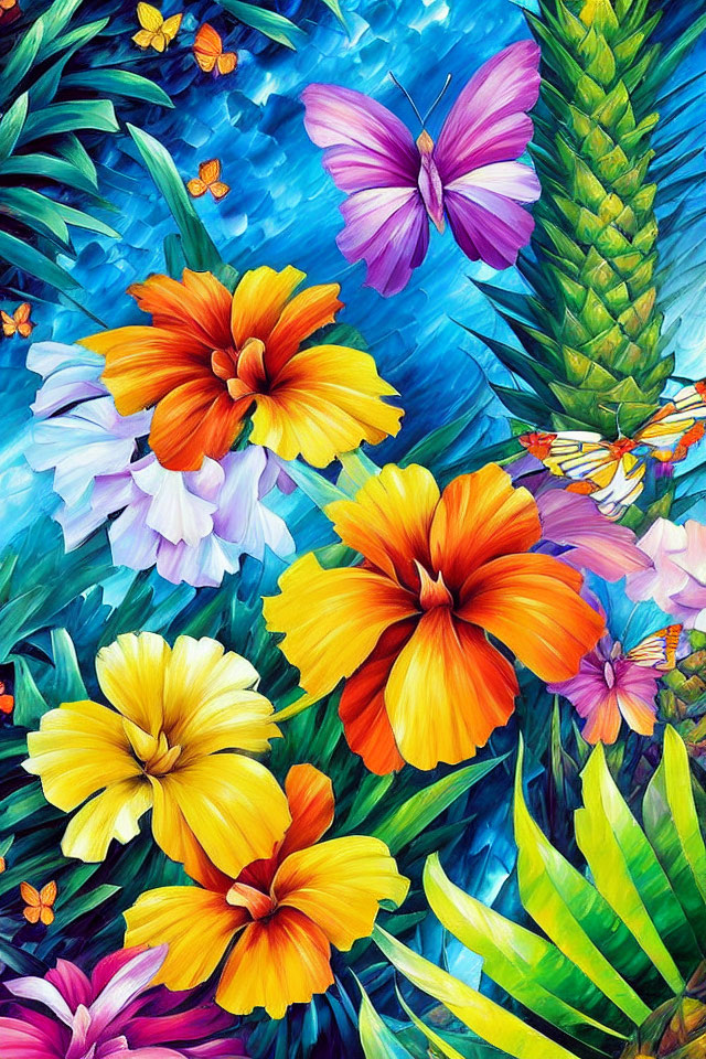 Colorful digital artwork: Tropical flowers, butterflies, lush foliage