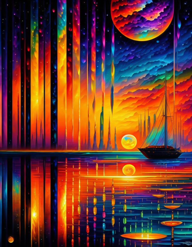 Colorful Digital Artwork: Sailboat on Reflective Water with Surreal Skies & Moons