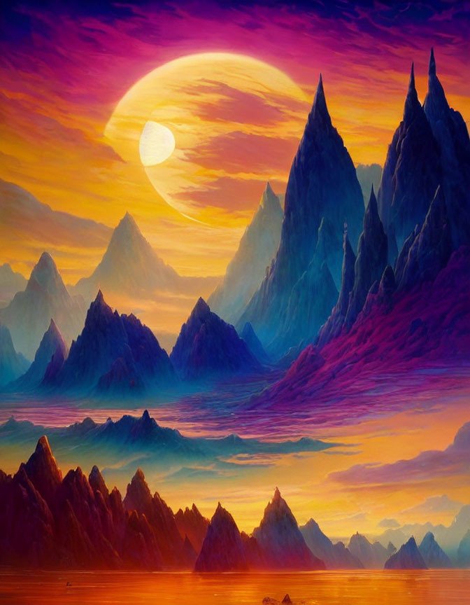 Colorful fantasy landscape: jagged mountains, sunset sky with deep purples, pinks,