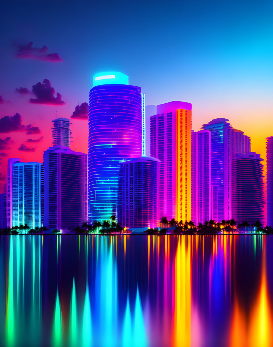 Modern city skyline at dusk with vibrant neon colors and water reflections