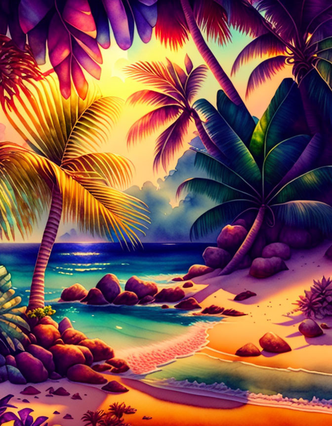 Tropical beach scene with palm trees, colorful sky, calm ocean, and boulders at dusk