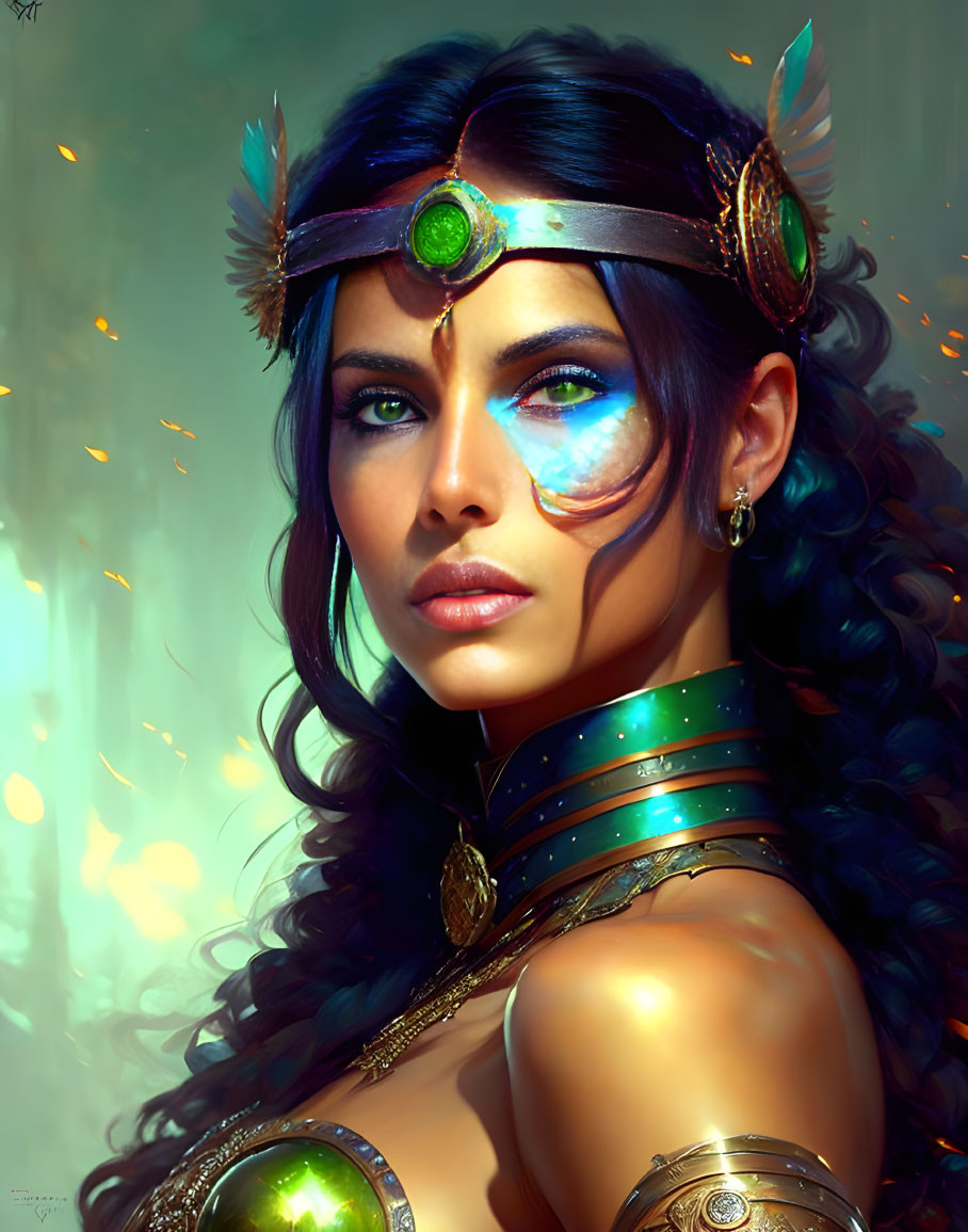 Portrait of woman with vibrant blue eye makeup and golden crown and armor