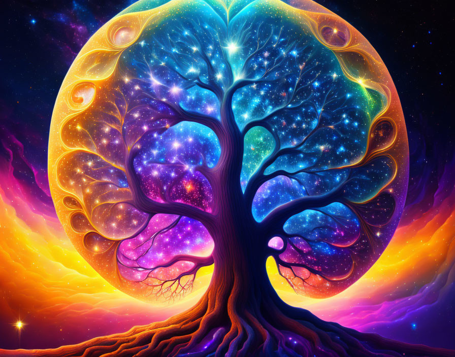 Colorful Cosmic Tree Artwork Against Space Background