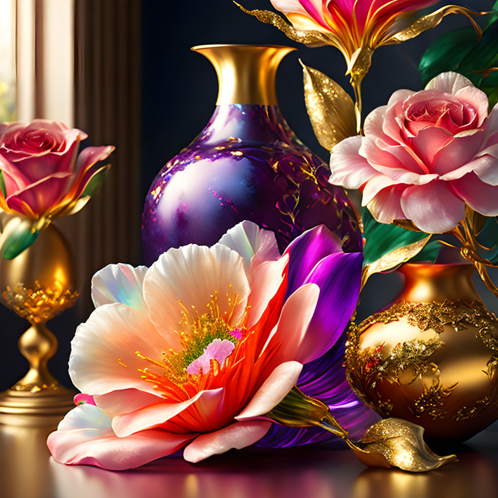 Colorful still life with purple vase, gold ornaments, and vibrant flowers on dark backdrop