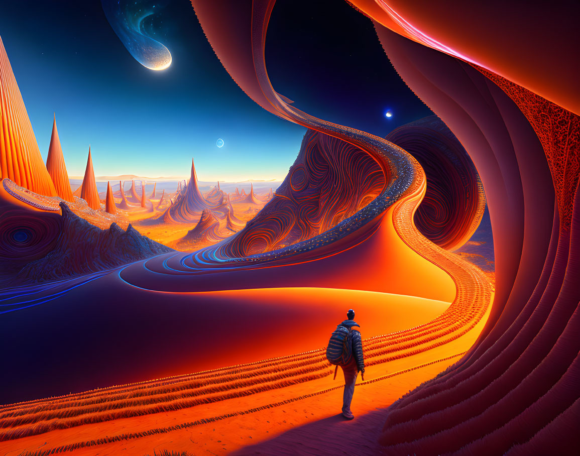 Backpacker in surreal landscape with swirling orange patterns