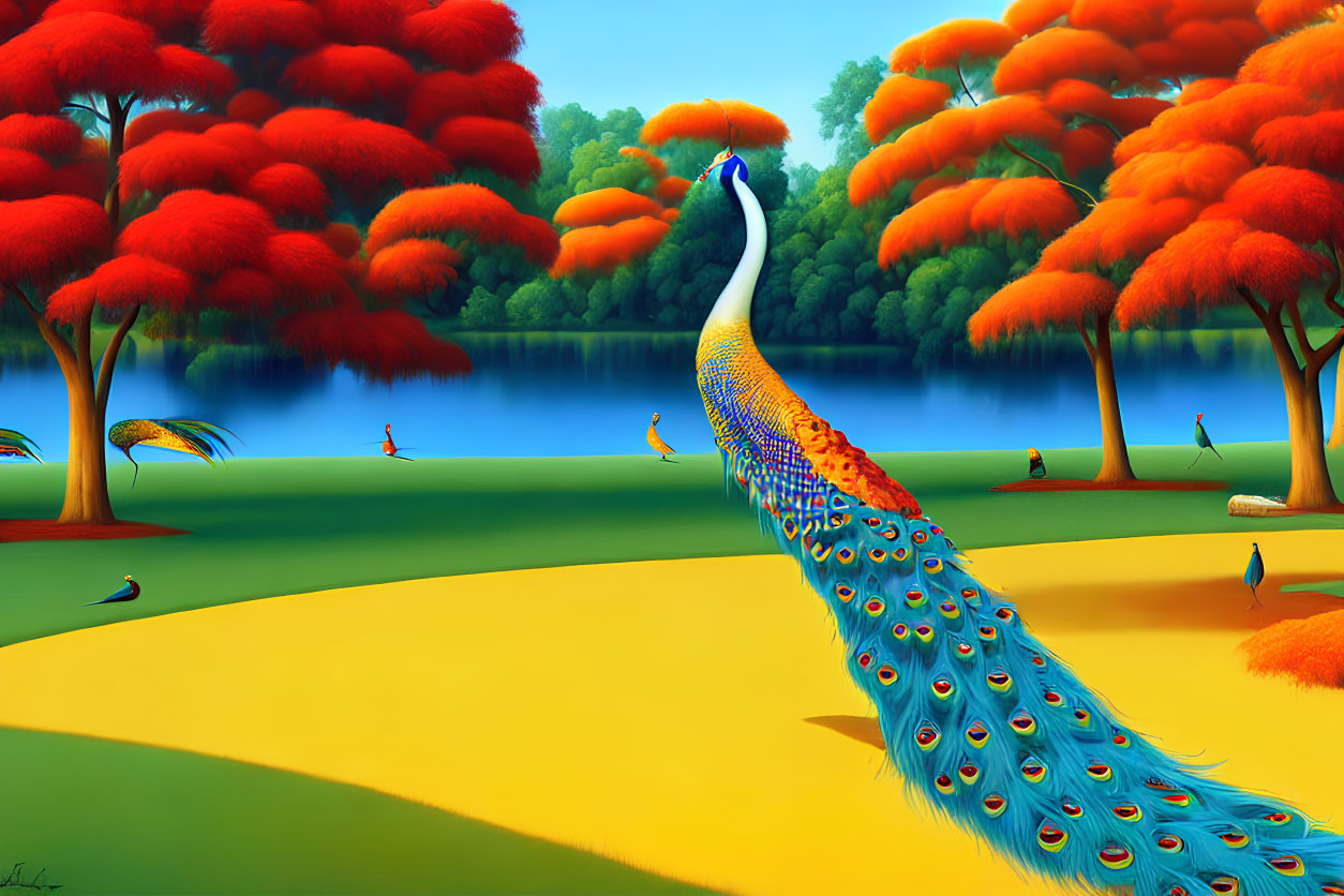 Colorful peacock with extended tail in vibrant landscape.