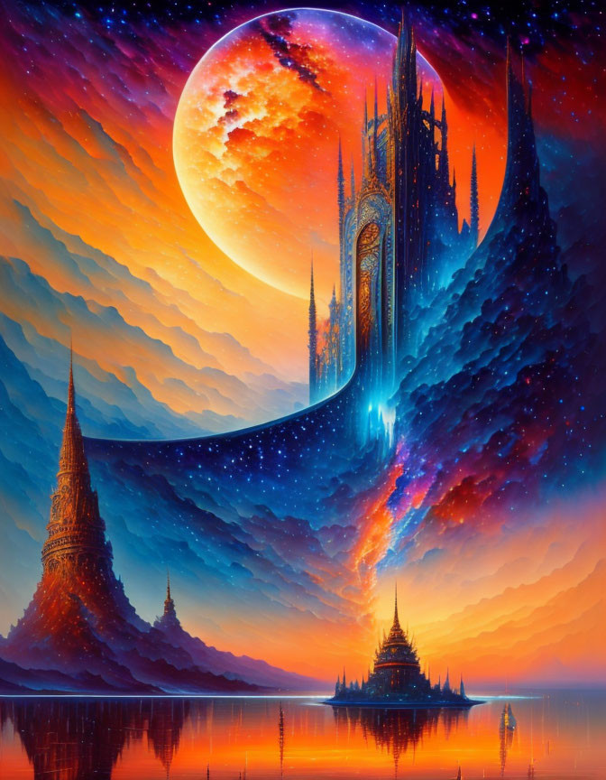 Fantasy landscape with towering spires and cosmic clouds in vibrant hues