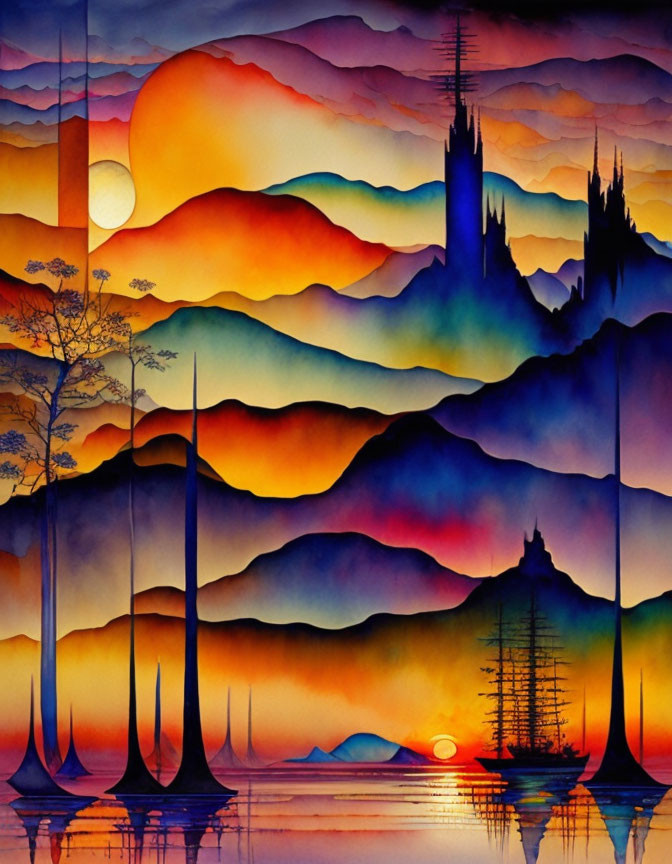 Colorful Watercolor Landscape: Silhouetted Trees, Orange, Purple, Blue Hills, Sunset