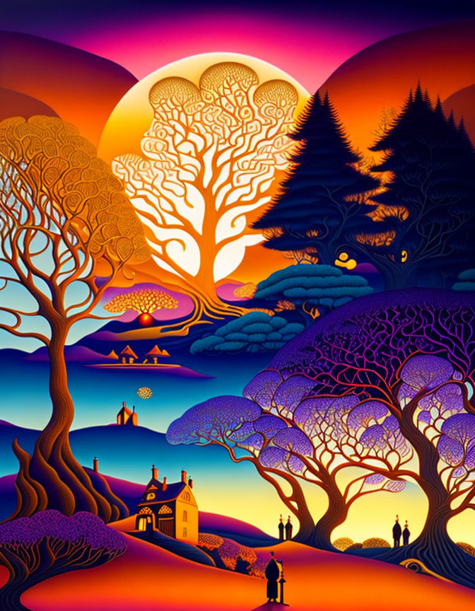 Colorful landscape with whimsical trees, glowing sunset, rolling hills, house, and silhouet