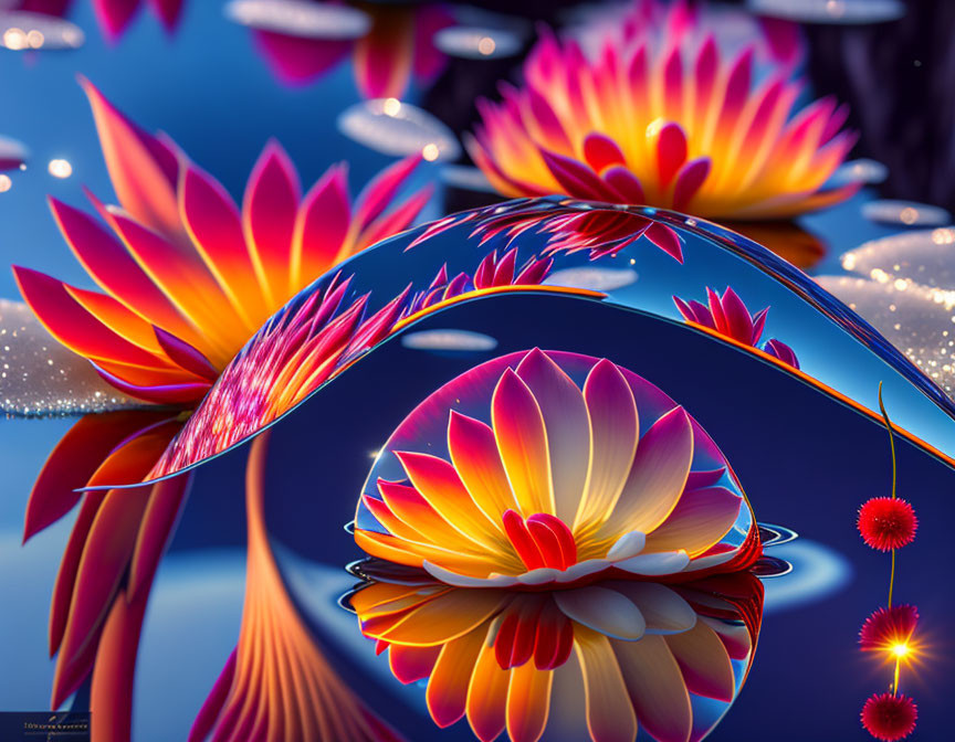 Colorful Lotus Flowers Reflecting in Water Droplets on Blue Background