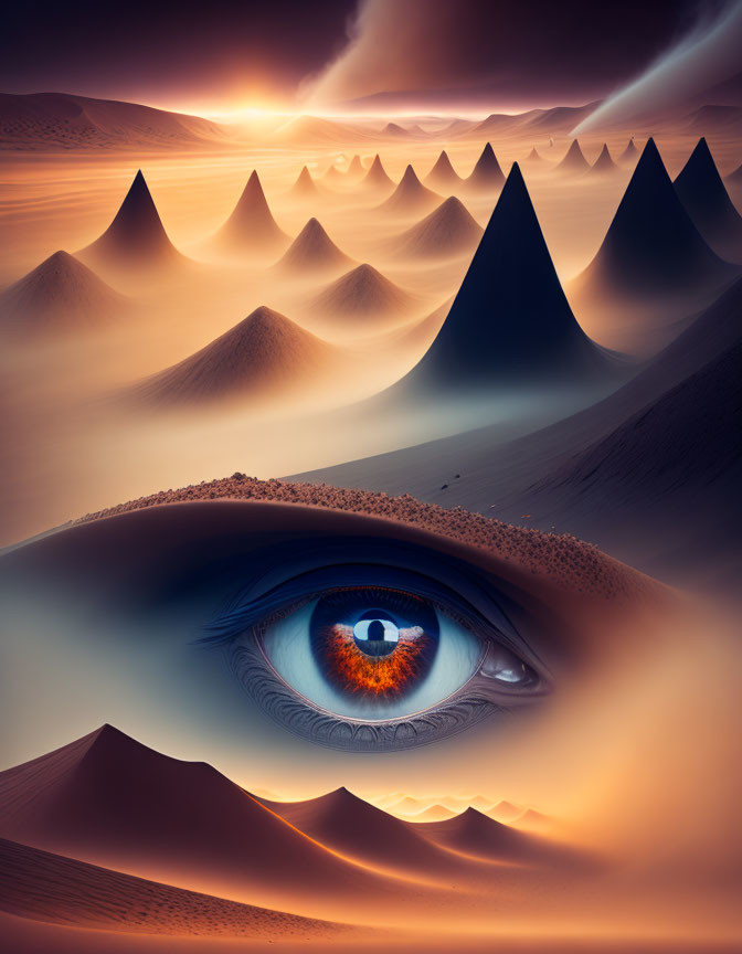 Surreal landscape: human eye close-up with orange sand dunes and dramatic sky