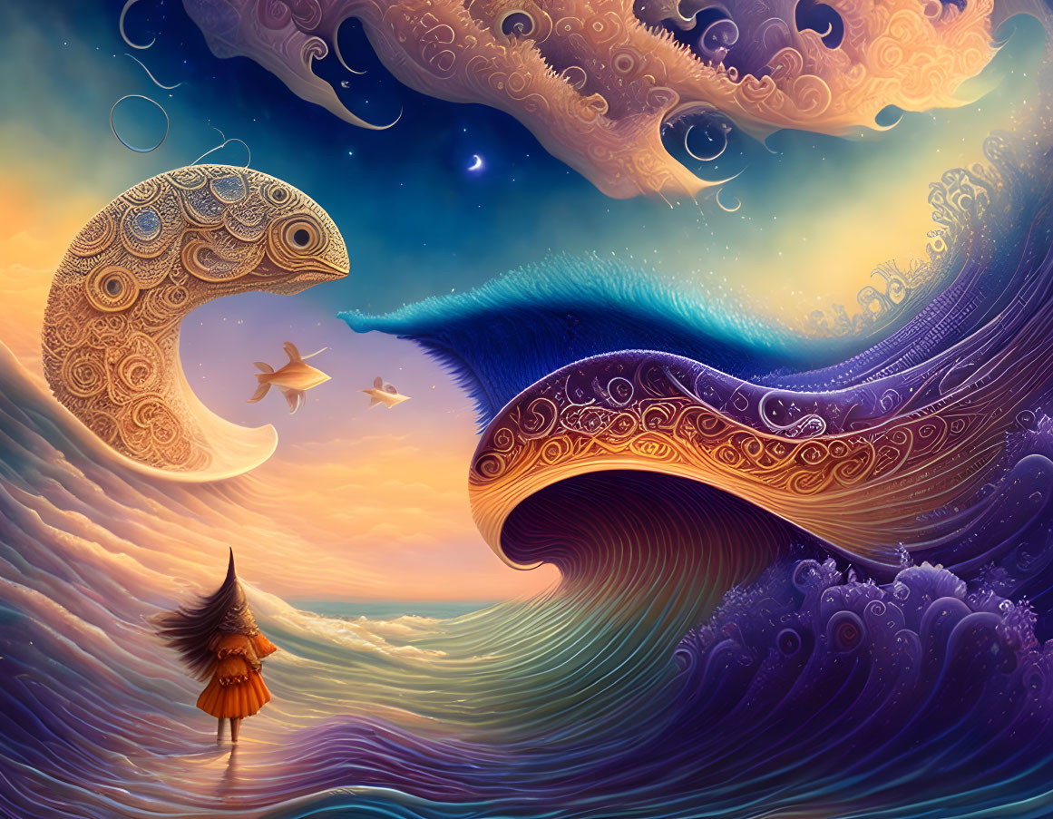 Surreal artwork: person under colorful sky with wave patterns, large fish, stars; sea and