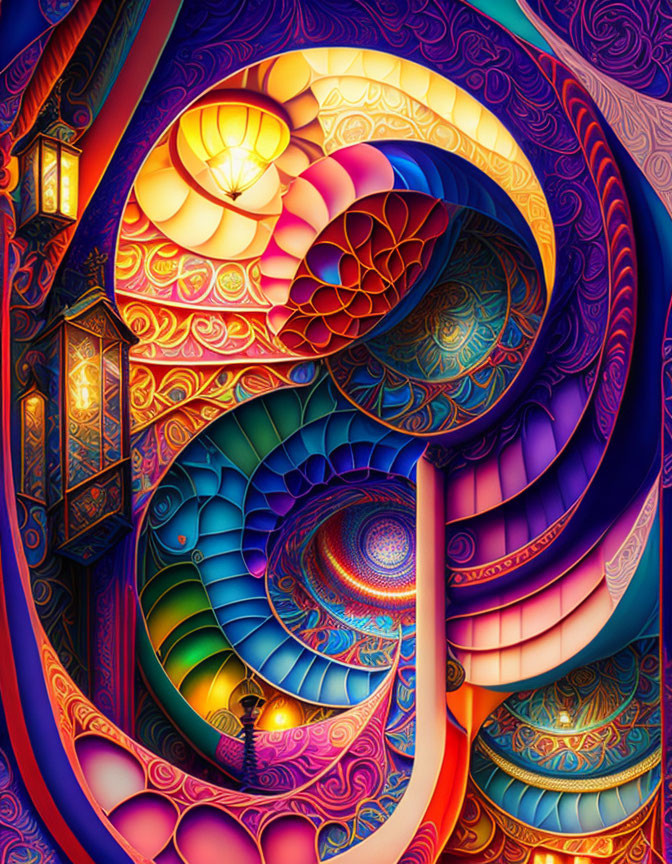 Colorful Spiral Pattern with Lantern Elements in Psychedelic Art