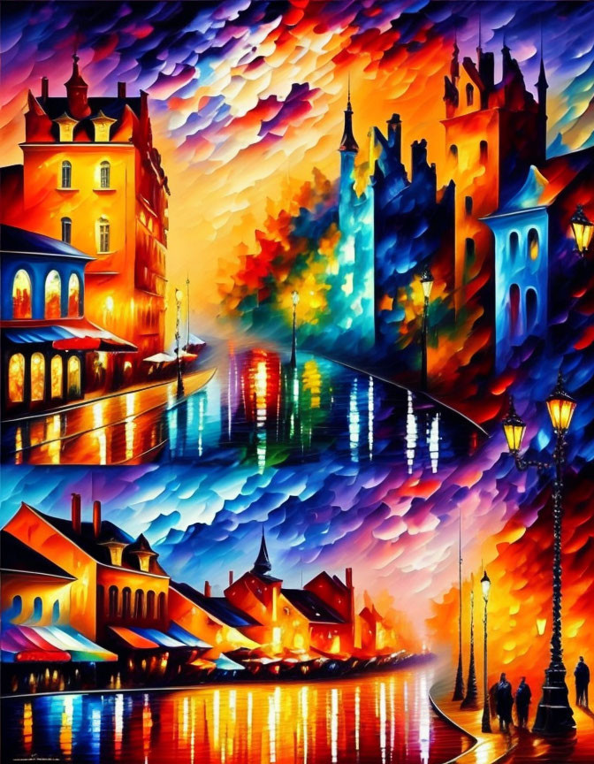 Colorful painting of a picturesque street and water reflection at dusk