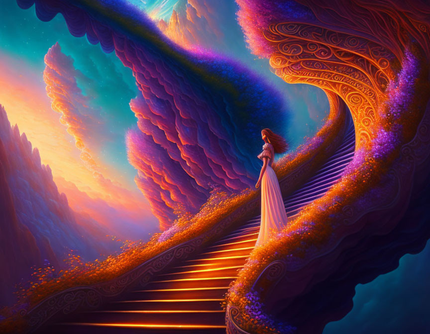 Woman in White Ascending Vibrant, Glowing Staircase in Fantastical Landscape