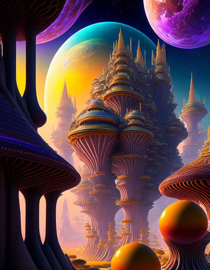 Fantasy landscape with alien spires and colorful planets