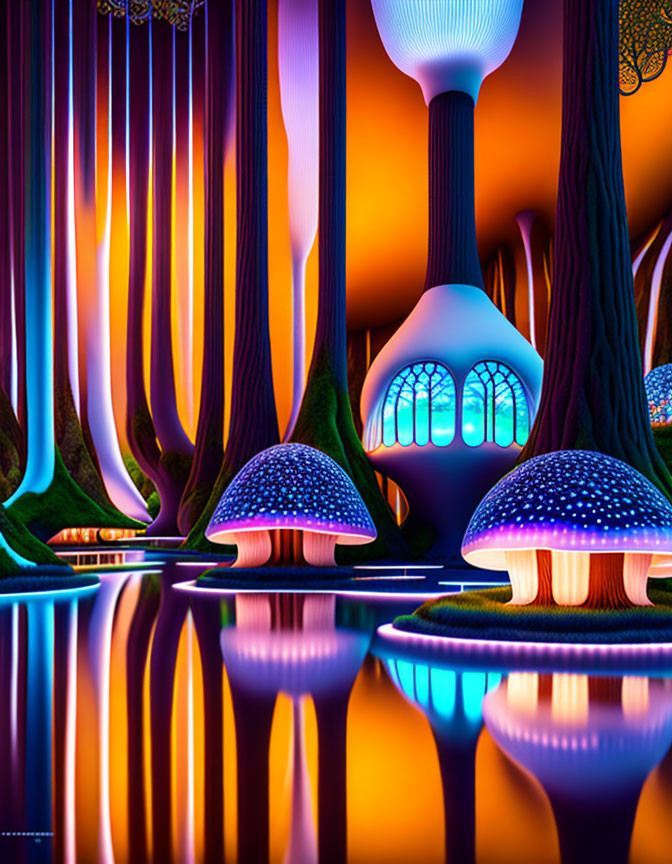 Colorful fantasy landscape with luminescent mushrooms, whimsical trees, and reflective surface