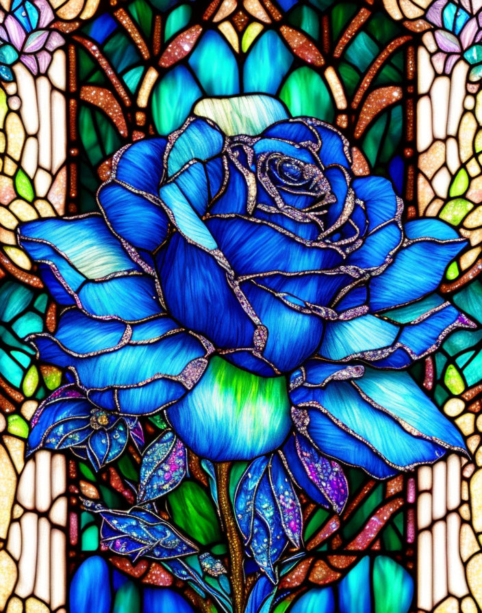 Vibrant Blue Rose Stained Glass Artwork with Green Leaves