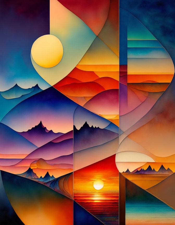 Colorful Abstract Geometric Painting with Sun and Mountains