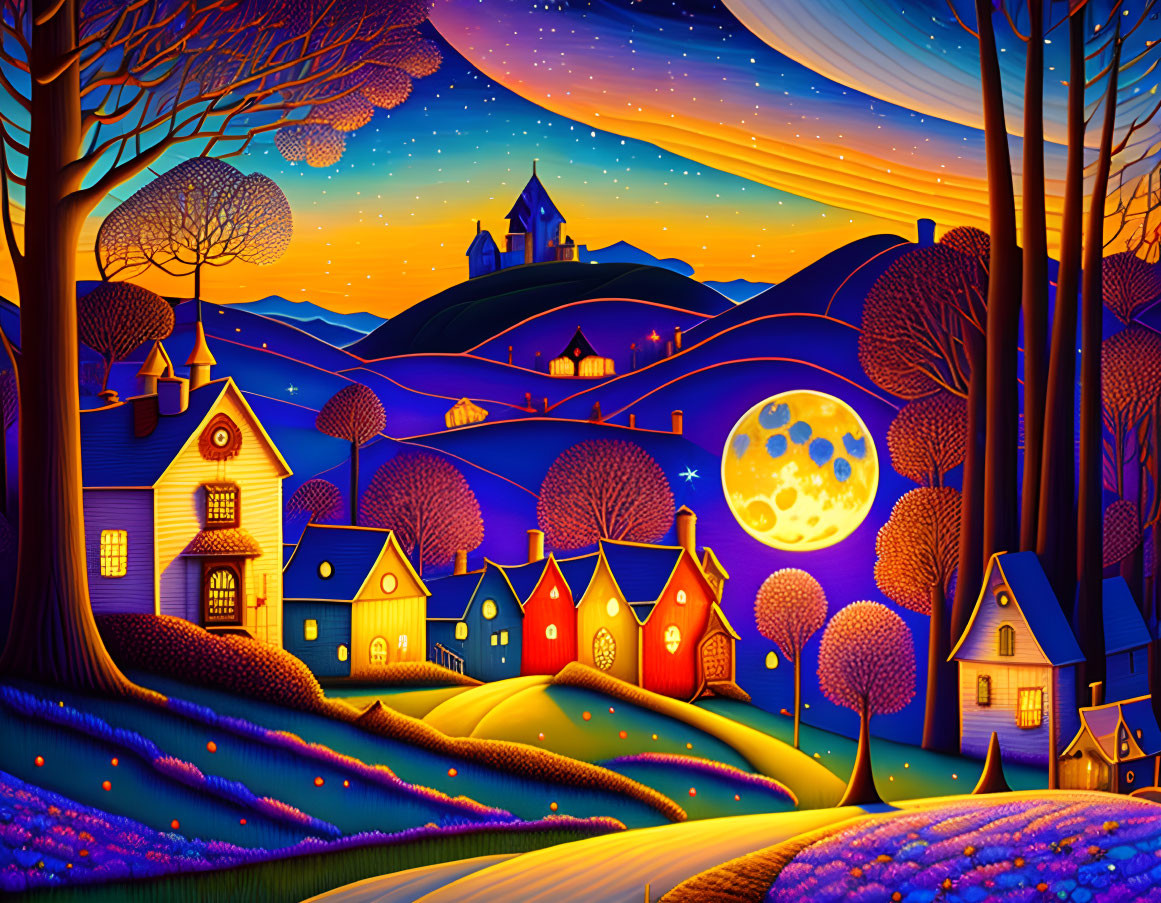 Colorful village landscape under starry night sky with full moon