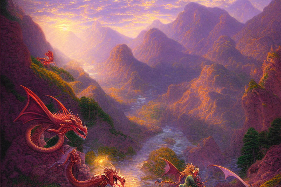 Fantasy landscape with dragons on cliffs and misty valley.