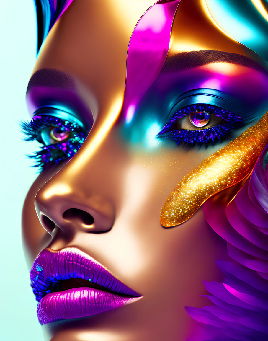 Colorful digital portrait of a woman with metallic tones, purple eyes, gold tears, and feather accents