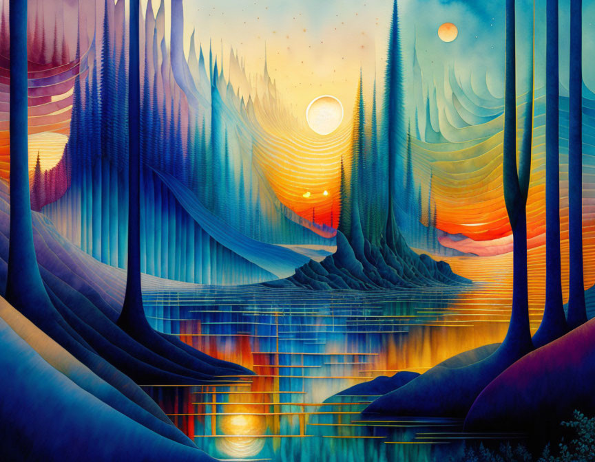 Vibrant surreal landscape painting with stylized elements and dual moons